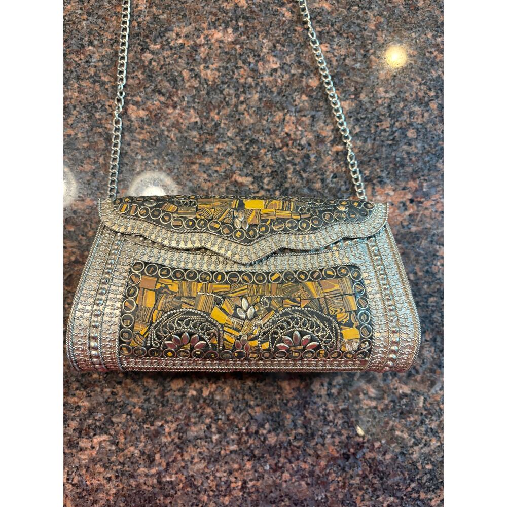 Vintage Silver Tiger Eye Metal Clutch Purse 7.5" x 4.5"